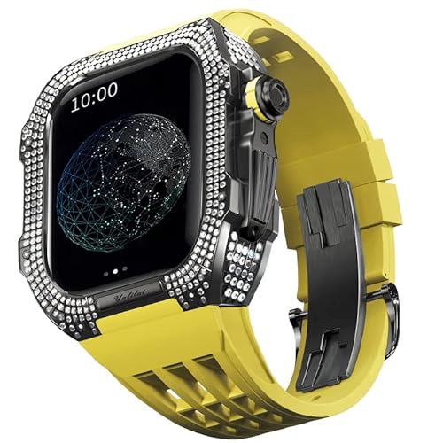 KANUZ Edles Titangehäuse und Gummiband, kompatibel mit Apple Watch 45 mm, Lünette aus Titanlegierung und Fluorkautschuk-Band für iWatch Serie 8, 7, 45 mm Umbauset (Farbe: Gelb 3, Größe: 45 mm) von KANUZ