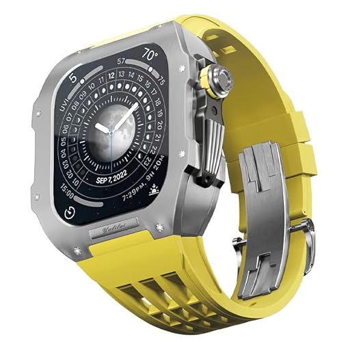 KANUZ Gummiband, Titan-Lünette für Apple Watch 6/5/4/SE, Apple Mod Watch, Zubehör, Ersatz-Titan, Luxus-Gehäuse, kompatibel mit iWatch Serie 44 mm mit Werkzeug (Farbe: Gelb 9, Größe: 44 mm) von KANUZ