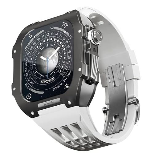 KANUZ Gummiband, Titan-Lünette für Apple Watch 6/5/4/SE, Apple Mod Watch, Zubehör, Ersatz-Titan, Luxus-Gehäuse, kompatibel mit iWatch Serie 44 mm mit Werkzeug (Farbe: Weiß 7, Größe: 44 mm) von KANUZ