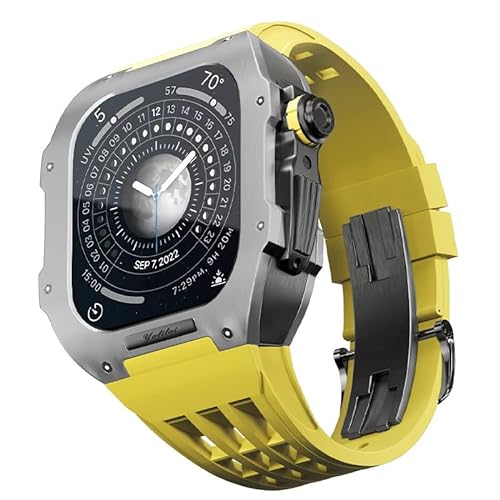 KANUZ Gummiband, Titan-Lünette für Apple Watch 8/7, Apple Mod Watch, Zubehör, Ersatz-Titan, luxuriöses Gehäuse, kompatibel mit iWatch Serie 45 mm, mit Werkzeug (Farbe: Gelb 3, Größe: 45 mm) von KANUZ