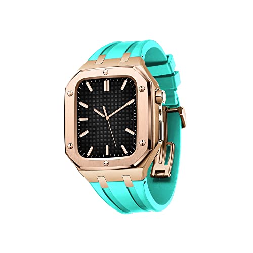 KANUZ Herren und Damen, Militär-Metallgehäuse für Apple Watch, 45 mm, 44 mm, Silikonband, stoßfest, Stoßstange, Business-Casual-Stil, Uhrenarmband für iWatch Serie 7/SE/6/5/4 (Farbe: Rose Seeblau, von KANUZ