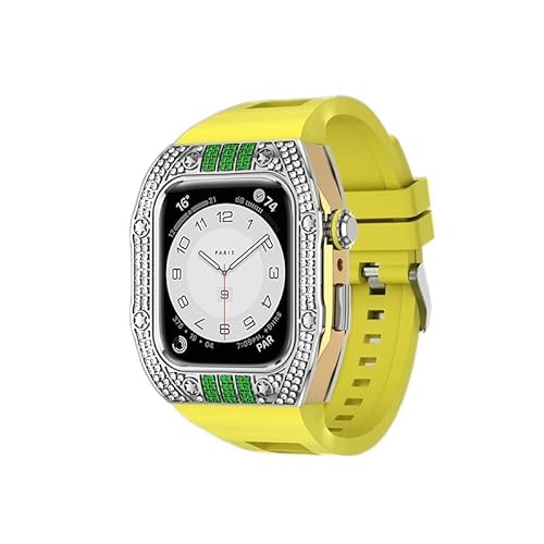 KANUZ Luxuriöses Diamantgehäuse-Modifikationsset für iWatch 8, 7, 6, SE, 5, 4, Gummiband, 44 mm, 45 mm, für Apple Watch, Metallbeze-Uhrenarmband (Farbe: Diamant-Gelb-GSGr, Größe: 44 mm) von KANUZ