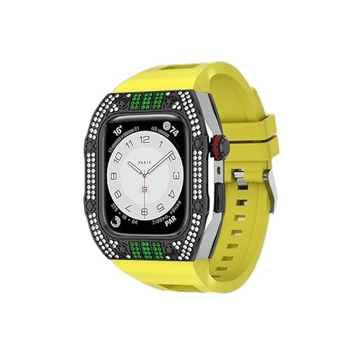 KANUZ Luxuriöses Diamantgehäuse-Modifikationsset für iWatch 8, 7, 6, SE, 5, 4, Gummiband, 44 mm, 45 mm, für Apple Watch, Metallbeze-Uhrenarmband (Farbe: Diamant-Gelb-SBGr, Größe: 44 mm) von KANUZ