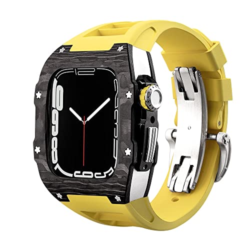 KANUZ Luxuriöses Kohlefaser-Gehäuseband-Set für Apple Watch 8, 7, 45 mm, 6, 5, 4 SE, 44 mm, Gummiband, DIY-Modifikationsset für iWatch 44 mm, 45 mm (Farbe: Gelb-Silber, Größe: 44 mm) von KANUZ