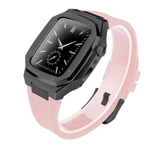 KANUZ Luxuriöses Metall-Lünettenrahmen-Gummiband für Apple Watch Gehäuse 8, 7, 6, 5, 4, 3, 2, 45 mm, 41 mm, 44 mm, Edelstahl-Modifikationsset für iWatch (Farbe: Gummi, Schwarz, Rosa, Größe: 41 mm) von KANUZ