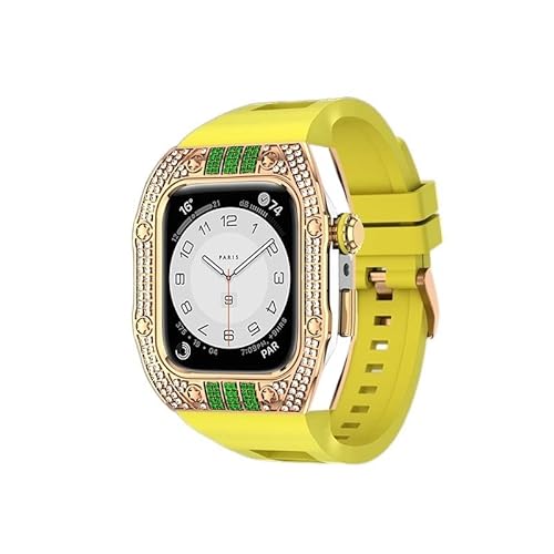 KANUZ Luxus-Diamant-Gehäuse-Modifikationsset für iWatch 8, 7, 6, SE, 5, 4, Gummiband, 44 mm, 45 mm, für Apple Watch, Metallbeze-Uhrenarmband (Farbe: Diamant-Gelb-SRGGr, Größe: 45 mm) von KANUZ