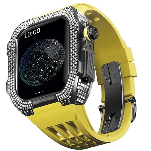 KANUZ Mod-Kit für Apple Watch Serie 6, 5, 4, SE, 44 mm, Gehäuse aus Titanlegierung und Gummiband für iWatch 6, SE, 5, 4, 44 mm, Ersatz-Uhrenarmbandzubehör (Farbe: Gelb 3, Größe: 44 mm) von KANUZ