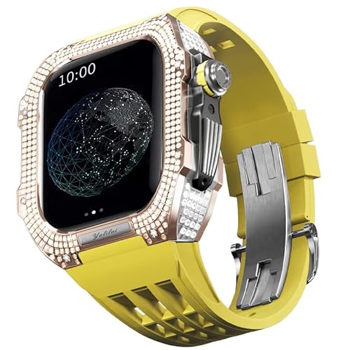 KANUZ Mod-Kit für Apple Watch Serie 6, 5, 4, SE, 44 mm, Gehäuse aus Titanlegierung und Gummiband für iWatch 6, SE, 5, 4, 44 mm, Ersatz-Uhrenarmbandzubehör (Farbe: Gelb 4, Größe: 44 mm) von KANUZ