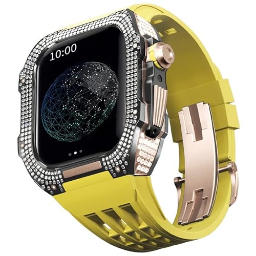 KANUZ Mod-Kit für Apple Watch Serie 6, 5, 4, SE, 44 mm, Gehäuse aus Titanlegierung und Gummiband für iWatch 6, SE, 5, 4, 44 mm, Ersatz-Uhrenarmbandzubehör (Farbe: Gelb 7, Größe: 44 mm) von KANUZ