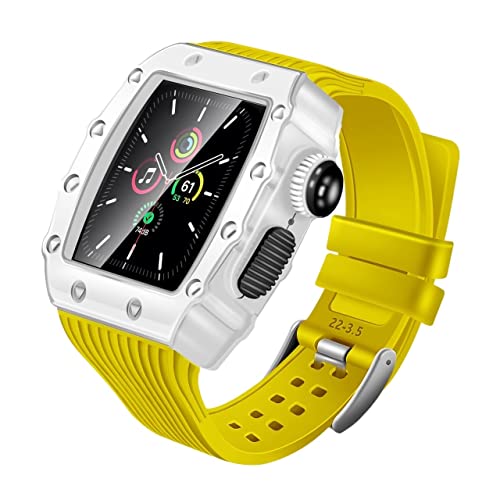 KANUZ Modifikationsarmband für Apple Watch Mod Kit 45, 44 mm, 40 mm, 41 mm, Stoßfänger, Luxus-Hülle, Gummiband, iWatch Serie 7, SE, 6, 5, 4, 3, Set (Farbe: Weiß Gelb, Größe: 44 mm) von KANUZ