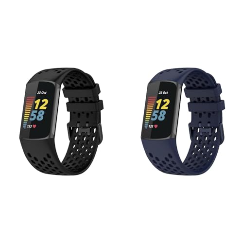KAREN66 Armband Kompatibel mit Fitbit Charge 6 Armband - Sport Silikon Uhrenarmband Atmungsaktiv Replacement Wechselarmband für Fitbit Charge 6 Ersatzarmband, Damen Herren (Schwarz+Blau) von KAREN66