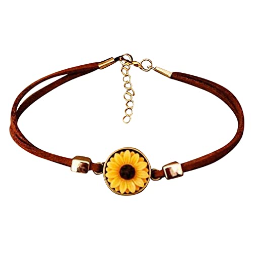 KAREN66 Armband für Damen Schmuck Gänseblümchen Armband Kunstfächer Lederarmband Frau Sonnenblume Retro Armband Gänseblümchen Sonnenblume Blumen Bienen Armband Für Frauen Mädchen (Brown, One Size) von KAREN66