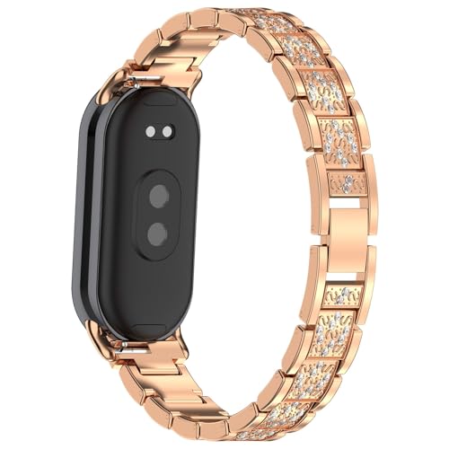 KAREN66 Damen Armband Kompatibel mit Xiaomi Smart Band 8 Armband, Bling Metallband Diamant Edelstahl Ersatzarmband für Xiaomi Mi Band 8 Strass Armbänder Mädchen (Roségold) von KAREN66