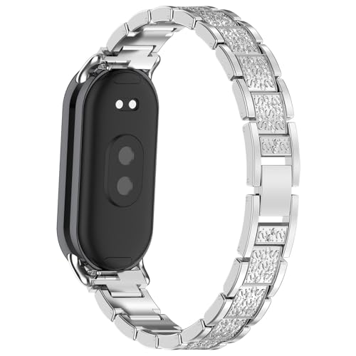 KAREN66 Damen Armband Kompatibel mit Xiaomi Smart Band 8 Armband, Bling Metallband Diamant Edelstahl Ersatzarmband für Xiaomi Mi Band 8 Strass Armbänder Mädchen (Silber) von KAREN66