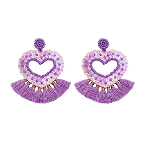 KAREN66 Valentinstag Ohrringe Damen Boho Quaste Ohrringe Handgewebte Pailletten Liebe Valentine Ohrringe Ohrschmuck Frau Mädchen (Purple, One Size) von KAREN66