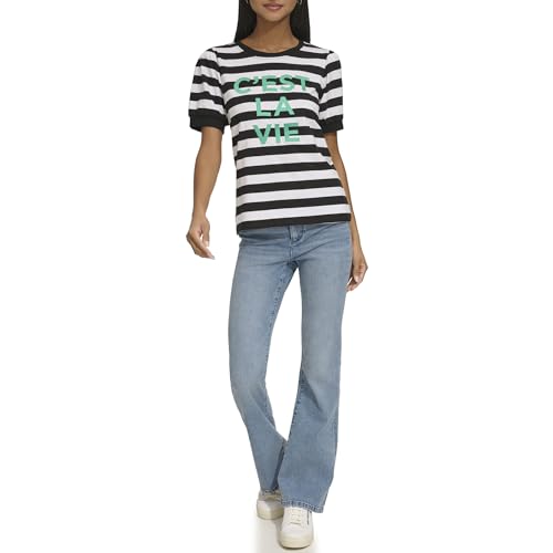 Karl Lagerfeld Paris Damen C'est La Vie Stripe T-Shirt, Soft White Black Chartruese, Groß von KARL LAGERFELD