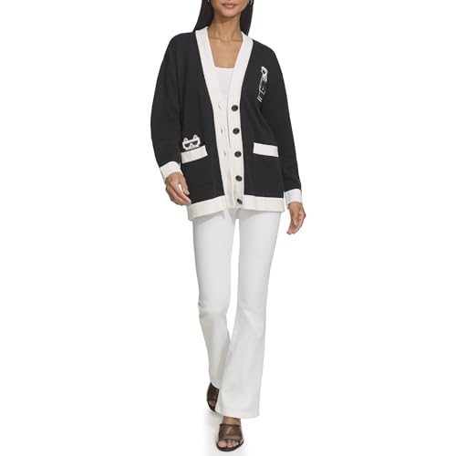 Karl Lagerfeld Paris Damen Strickjacke mit Varsity-Logo und Patches Marled Cardigan, Schwarz, weiches Weiß, X-Groß von KARL LAGERFELD