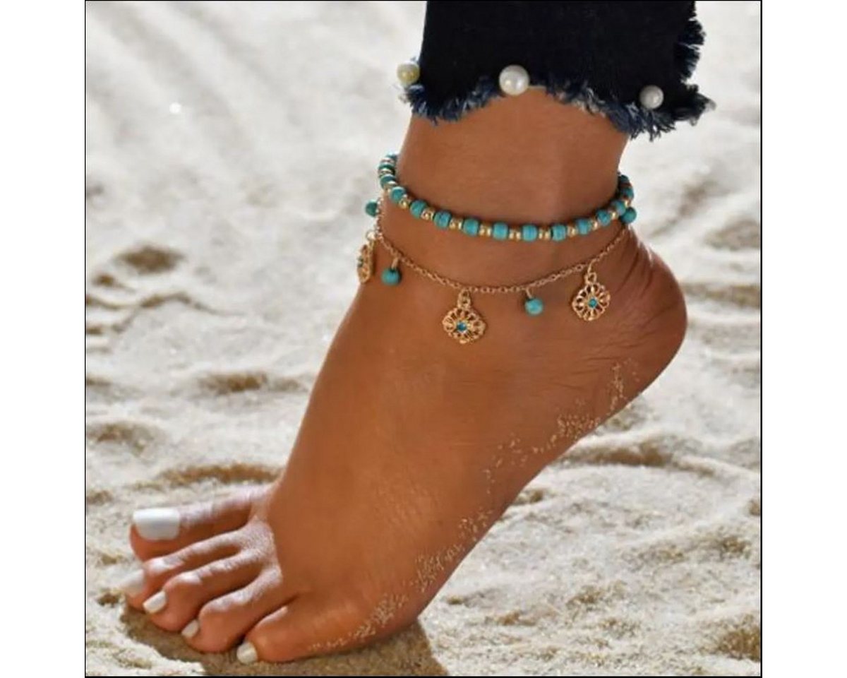 KARMA Fußkette mit Anhänger Fußkettchen mit Anhänger Türkis Fusskette Damenschmuck, Fußschmuck Urlaub maritim silber blau von KARMA