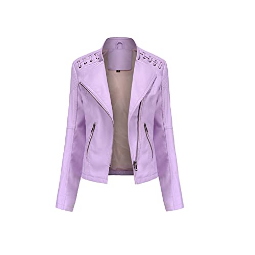 KASAN Damen Lederjacke, Frauen Lederjacke,Bequeme Weiche Pu Kunstleder Material Bikerjacke Frauen Echtleder Jacke Mit Stehkragen Im Biker Look Retro Mantel,Cherry Blossom Powder,XL von KASAN