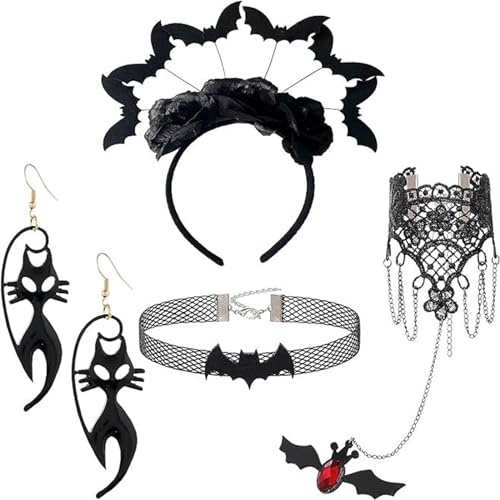 Gothic-Fledermaus-Stirnbänder mit Armreifen, zarte Fledermaus-Ohrringe und Choker-Set, Festival-Partys, weibliche Kopfschmuck, Fledermaus-Stirnbänder für Damen, Halloween, Fledermaus-Stirnbänder von KASFDBMO