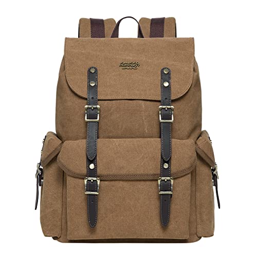 KAUKKO Canvas Retro Rucksack Damen Herren, Vintage Jagdrucksack Wanderrucksack mit 14 Zoll Laptopfach für Arbeit, Ausflüge, Uni, 20L, Khaki-FP703 von KAUKKO