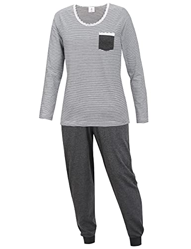 KB Damen Schlafanzug lang Hausanzug Nachtwäsche Pyjama Set Grau gestreift (L) von KB