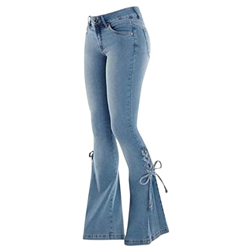 KBOPLEMQ Damen Schlaghosen Jeanshose lang Stretch Skinny Schlagjeans Schlag Weite Jeanshosen Weites Bein Denim Hose Hüftjeans Slim Flare Jean Streetwear Hippie Hose Flower Power Kleidung S-XXL von KBOPLEMQ