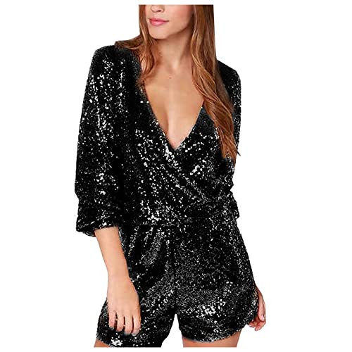 KBOPLEMQ Kurzer Jumpsuit mit Pailletten für Damen, Kurzarm-Strampler mit Glitzer und Langen Ärmeln für Damen, Sexy Club-Party-Mini-Playsuit für Damen Valentinstag von KBOPLEMQ