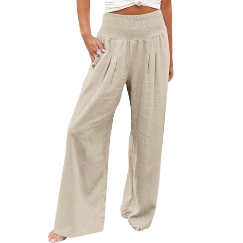 KBOPLEMQ Leinenhose Damen Sommer Freizeithose Leinen Leicht Casual Yogahose Einfarbig Elegant Palazzo Hose Weites Bein Hose Baumwolle Bequeme Stoffhose Hohe Taille Strandhose mit Taschen von KBOPLEMQ