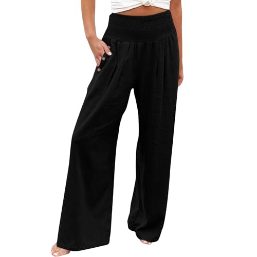 KBOPLEMQ Leinenhose Damen Sommer Freizeithose Leinen Leicht Casual Yogahose Einfarbig Elegant Palazzo Hose Weites Bein Hose Baumwolle Bequeme Stoffhose Hohe Taille Strandhose mit Taschen von KBOPLEMQ