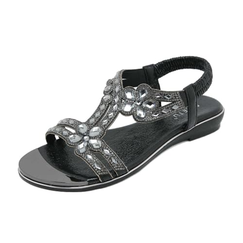 KEAOZVFE Damen Sandalen Schuhe Urlaub Sandalen für Frauen Komfort Gehen mit Rutschhemmung auf Casual Sommer Strand Schuhe Kleid Knöchel Elastische Jeweled Bohemian Flats von KEAOZVFE