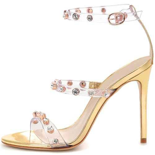 KEAOZVFE Sommer Niete High Heel Sandalen Sommer Wasser Diamant Slim Heel Sandalen Gold Open Toe High Heel Sandalen Sommer Große Größe Bequeme High Heel Schuhe Damen Erfrischende High Heel Sandalen von KEAOZVFE