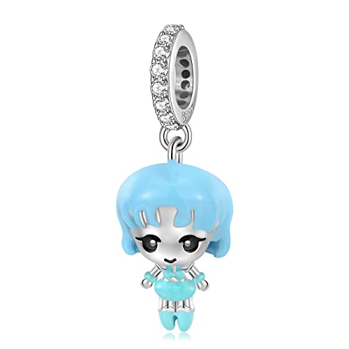 925 Sterling Silber Niedliche Mädchen Charms Baumeln Perlen, Diy Blaues Epoxy Cartoon Charakter Anhänger Geschenk For Frauen Mädchen Kompatibel mit Pandora Charm Armband und Halsketten Pd0843, KEDDJ von KEDDJI