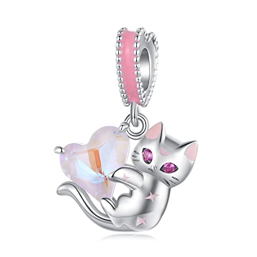 KEDDJI 925 Sterling Silber Rosa Katze Charm Perlen, Niedlicher Diy Handgemachter Anhänger Geschenk For Frauen Mädchen Kompatibel mit Pandora Troll Chamilia Charm Armband und Halsketten von KEDDJI