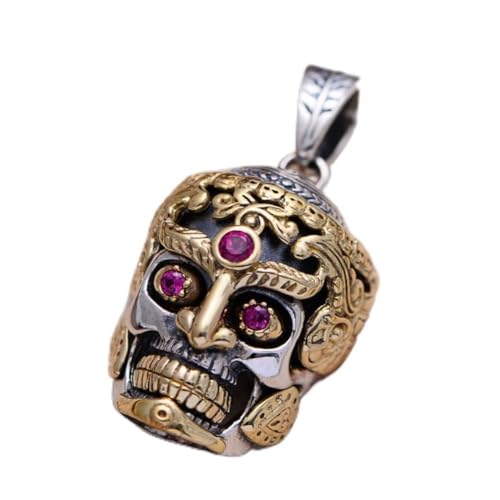 KEDDJI 925 Sterling Silber Schmuck Vintage Red Korund Big Ghost Head Schädel Vergoldete Anhänger für Männer mit Dominanter Persönlichkeit Zubehör, Anhänger von KEDDJI