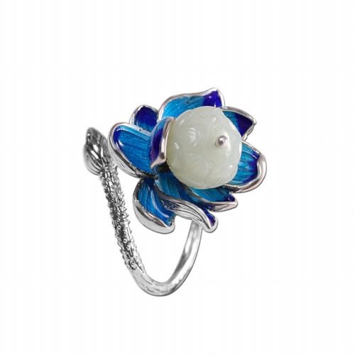 KEDDJI Burned Blue Craft Ethnic Style 925 Silber Schmuck Lotus Hotan Jade Ring, Ring, Eröffnung von KEDDJI