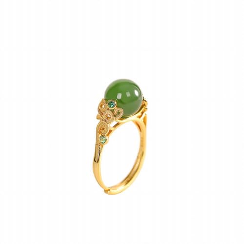 KEDDJI S925 Jade Hetian Ring Design Hand Schmuck Silber Schmuck Runde Bead Open Ring, grün von KEDDJI