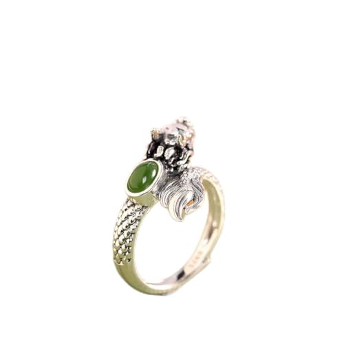 KEDDJI Thai Silber S925 Silber Eingelegt Hotan Jade Ring Chinesischer Tierkreis Drachen Leben Jahr Ring Mund, grün von KEDDJI