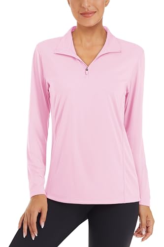 KEFITEVD Damen Funktionsshirt Langarm Half Zip Golf Polo Shirt Sport Oberteil Leicht Longsleeve Elastisch Joggingshirt für Sommer Herbst Rosa von KEFITEVD