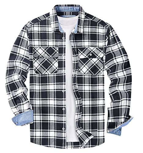 KEFITEVD Flanellhemd Herren Kariertes Baumwolle Hemd Langarm Plaid Shirt Freizeit Karohemd Normale Passform für Frühling Herbst Schwarz 2XL von KEFITEVD