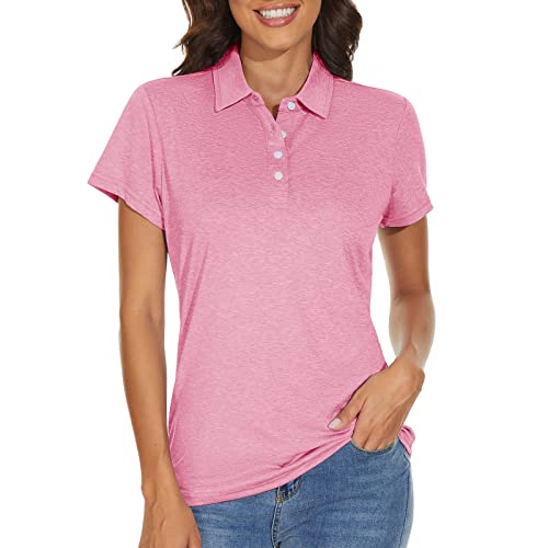 KEFITEVD Funktionsshirt Damen Kurzarm Atmungsaktiv mit Knopfleiste Sommer Leicht Poloshirt Stretch Sport Oberteil Meliert Rosa L von KEFITEVD