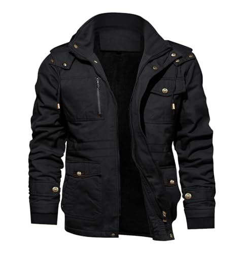 KEFITEVD Herren Winterparka Warme Winterjacke mit Abnehmbare Kapuze Gefüttert Parka Jacke Winter Jacket Baumwolle Übergangsjacke mit Innenfleece Militär Jacke Schwarz XL (Etikett: 5XL) von KEFITEVD