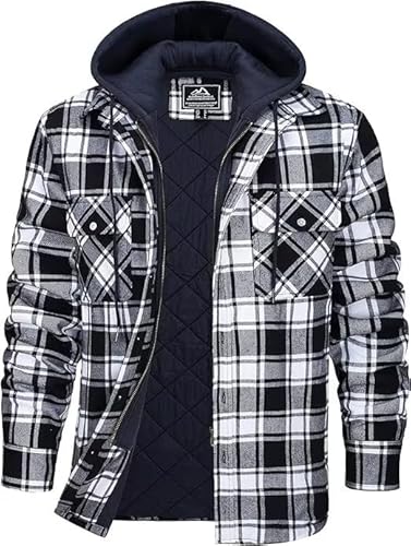 KEFITEVD Thermohemd Herren Winter Hooded Übergangsjacke Kordelzug Plaid Futter Jacke Casual Flanell Arbeitshemd mit Mehreren Taschen Schwarz S von KEFITEVD