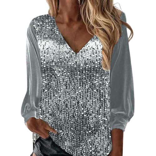 KEIZHUONIQIU Damen Elegant Langarmshirt Pailletten Oberteil Lässige Tunika Glitzernde Bluse Cocktail Tops Hemd Sparkle Shimmer Tshirts Glitzertop Longshirt Tanzpartys Pullover von KEIZHUONIQIU