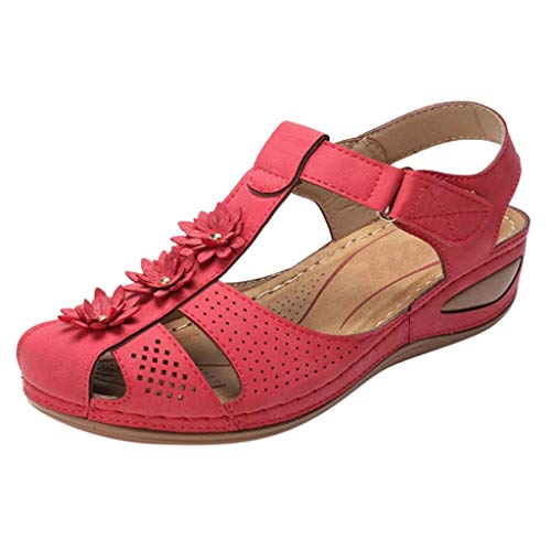 KEIZHUONIQIU Frauen Mädchen Knöchel Zehen Sandalen weiche bequeme allesamt hohle Runde Frauen Frauen Freizeit Schuhe Sportswear Damen Schuhe (Red, 37) von KEIZHUONIQIU