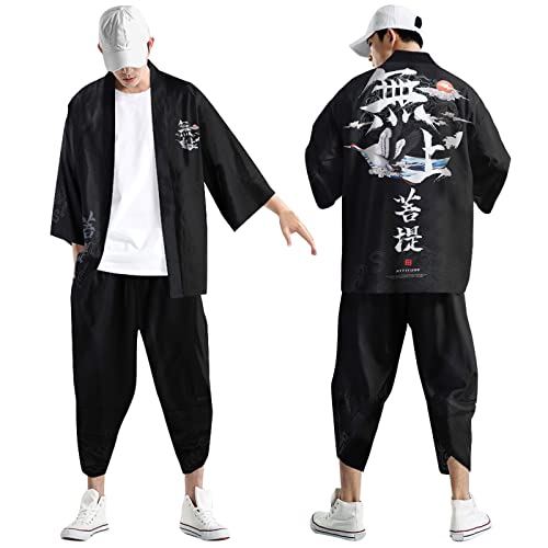 KEIZHUONIQIU Herren Leisure Kimono Cardigan Traditionelles Japanische Kimono Haori Kostüm Taoistische Robe Long Sleeve Jacke Chinesischer Stil Umhang Nachthemd Morgenmantel Pyjama-Anzug von KEIZHUONIQIU