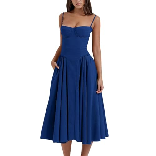 Kleid Sommer Damen Skims Corset Kleider Spaghetti Strap Sommer Langes Kleid Ärmellose Boot Hals Korsett Bustier A-Linie Midi Kleid Sommerkleider Elegant Partykleid Cocktailkleid für Frauen von KEIZHUONIQIU