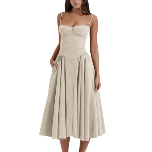 Kleid Sommer Damen Skims Corset Kleider Spaghetti Strap Sommer Langes Kleid Ärmellose Boot Hals Korsett Bustier A-Linie Midi Kleid Sommerkleider Elegant Partykleid Cocktailkleid für Frauen von KEIZHUONIQIU