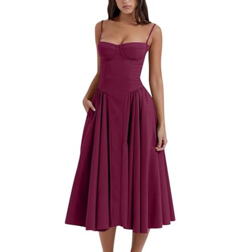 Kleid Sommer Damen Skims Corset Kleider Spaghetti Strap Sommer Langes Kleid Ärmellose Boot Hals Korsett Bustier A-Linie Midi Kleid Sommerkleider Elegant Partykleid Cocktailkleid für Frauen von KEIZHUONIQIU