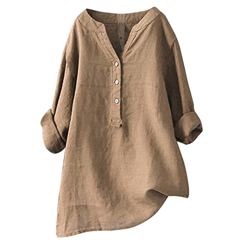 Leinen Shirt Damen Langarm V-Ausschnitt Button Baumwolle Leinen Hemdbluse Elegant Lange Leinenoberteile Longbluse Bequem Musselin Bluse Sommer Casual Loose Langarmshirt T-Shirt von KEIZHUONIQIU